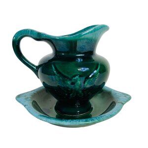 Hull Farm House Eagle Pitcher Basin Set Green Drip Glaze Pottery Home Decor VTG